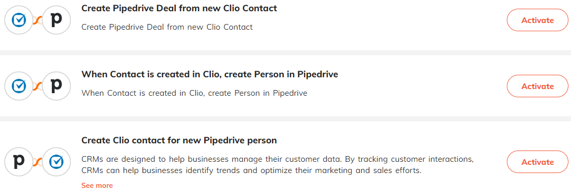 Popular automations for Clio & Pipedrive integration.