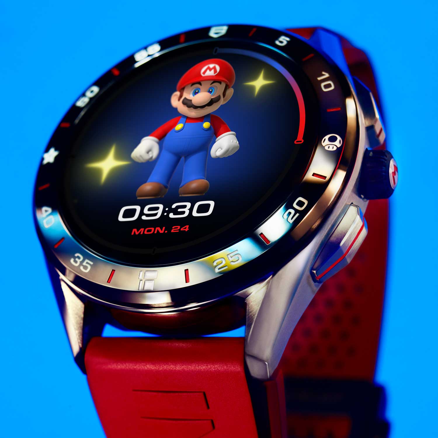 The watch’s bezel displays Super Mario’s famous objects - at 3 o’clock is the Super Mushroom that makes Mario grow, at 6 o’clock is the Pipe that allows him to travel fast and at 9 o’clock is the Super Star that makes him invincible.
