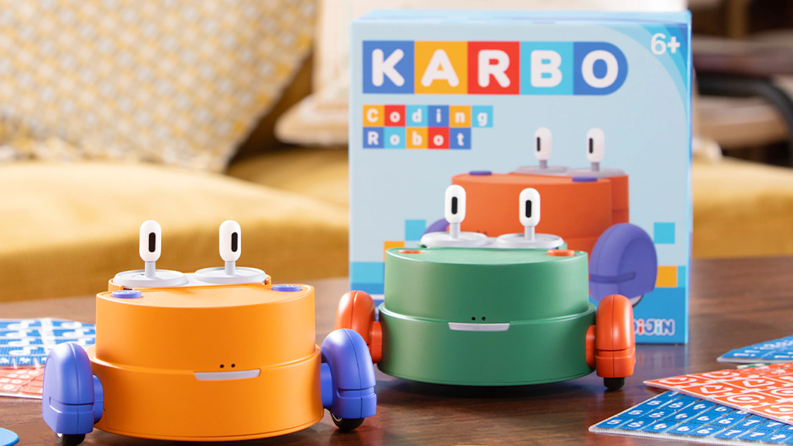 The orange and purple crab-like robot, Karbo.