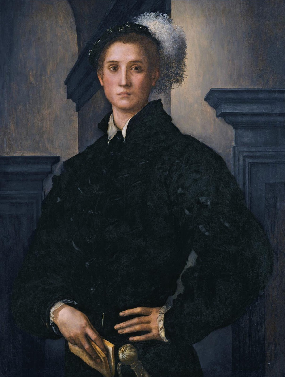 Portrait of Cosimo de Medici in black holding a book and wearing a sword. He has a pretty cool floppy hat on. The impression is fancy, but understated.