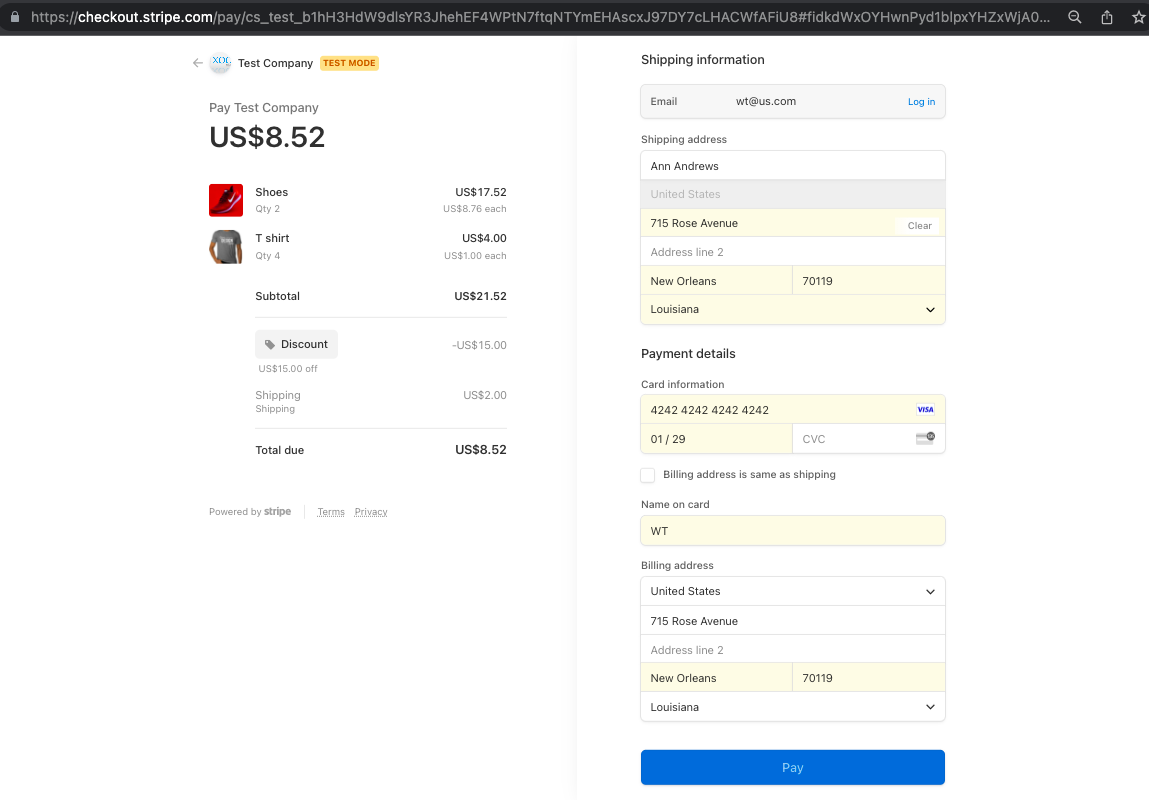 Stripe hosted checkout page