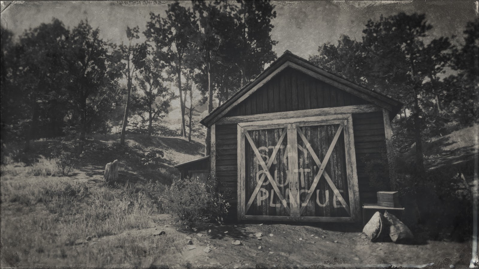 Red Dead Redemption 2 - A barn with "Stay Out, Plague" painted on its doors.