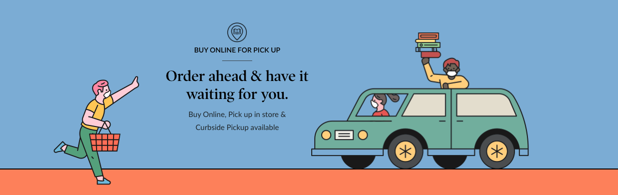 illustration from barnes and noble's site showing car pulling up to receive an in-store pickup order