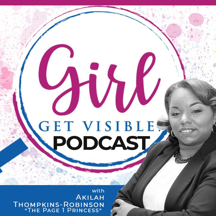 Woman looking at the camera with her arm crossed. The overlay text "Girl Get Visible podcast" is situated inside a magnifying glass 