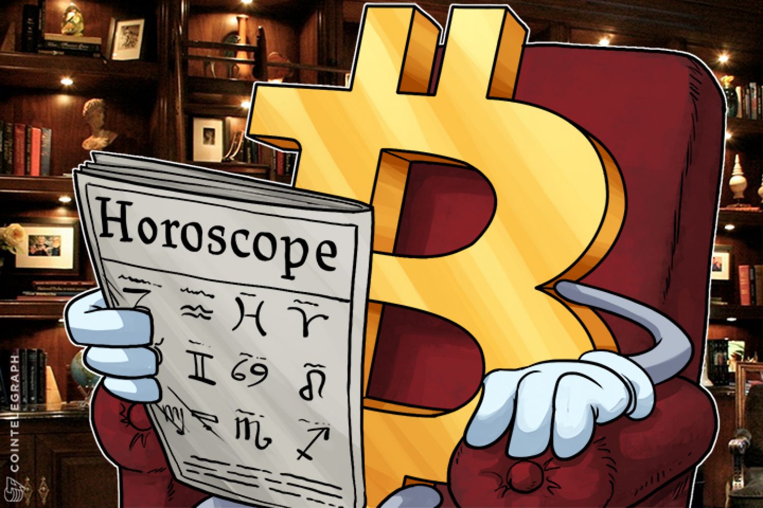 Bitcoin in an armchair reading horoscopes