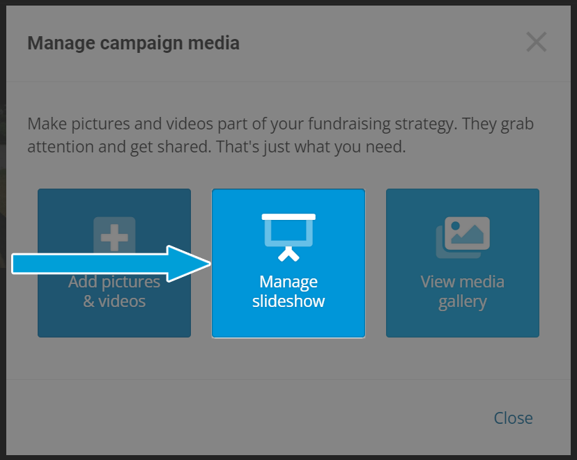 Screenshot of the Manage campaign media popup with the 'Manage slideshow' option highlighted