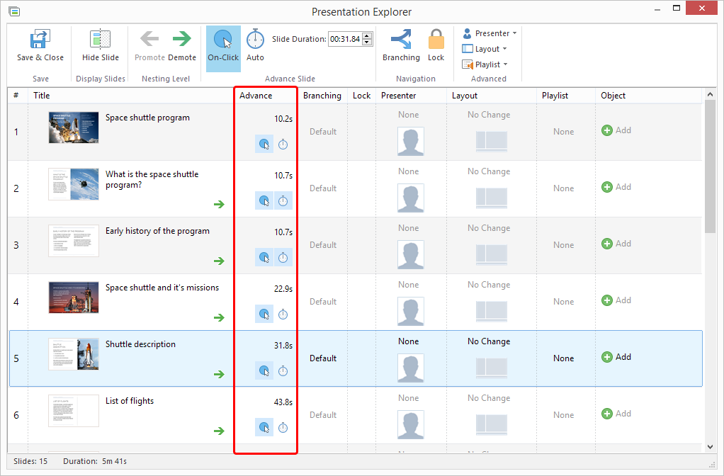 iSpring Presentation Explorer window, where you can set slide advance type (on click, automatic) and slide timings.