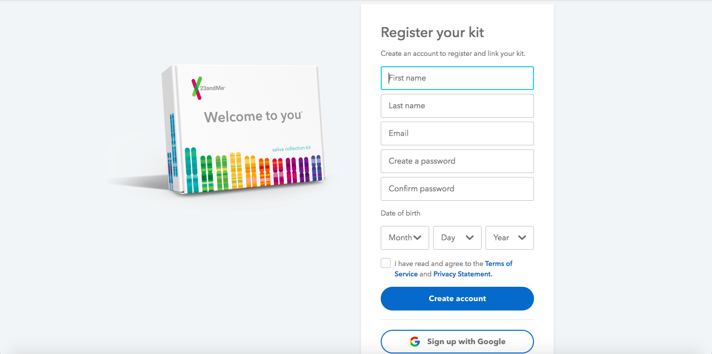 23andme: page where you can register your kit 
