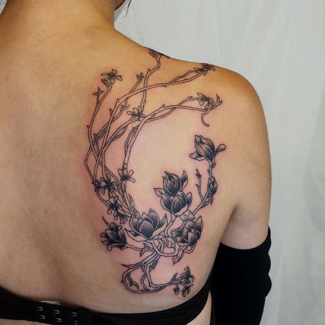 Ikebana Tattoo On Back Shoulder