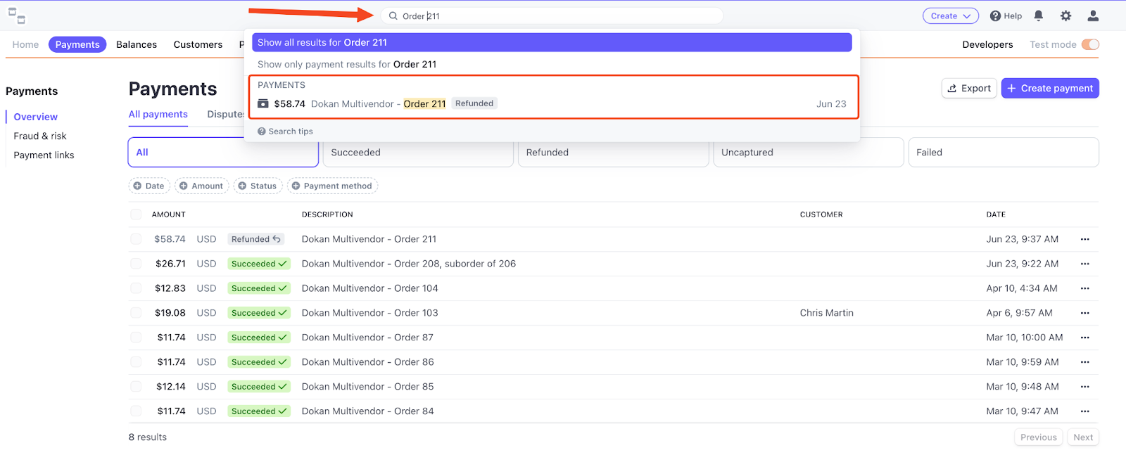 A screenshot of the Dokan Stripe Module transcations order id