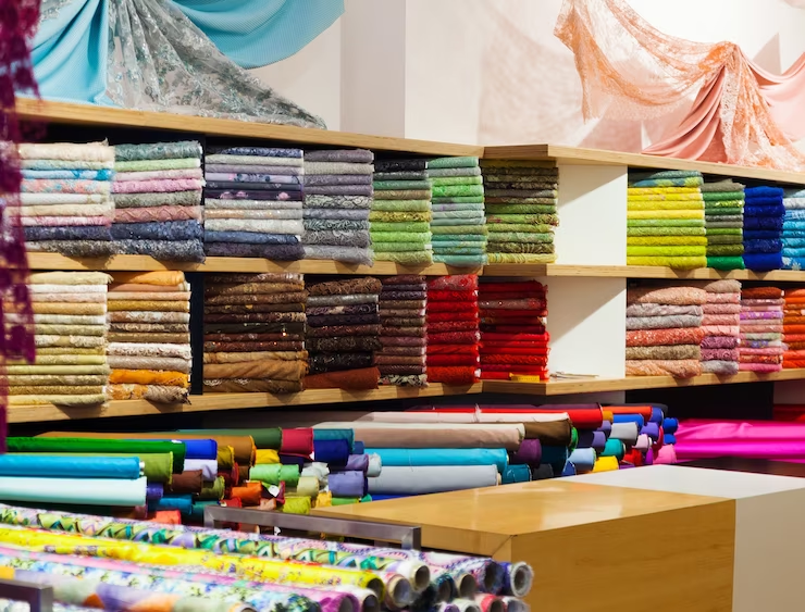 A wide assortment of various fabrics displayed at a fabric market