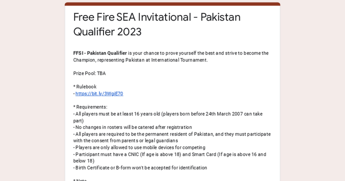 Ready go to ... https://forms.gle/eUFLqdEokoHSTWCQ8 [ Free Fire SEA Invitational - Pakistan Qualifier 2023]