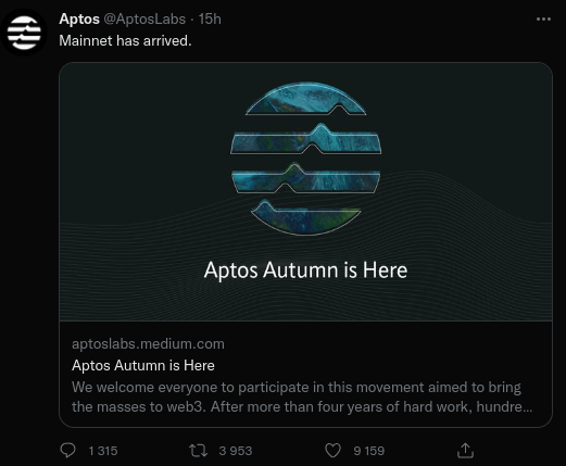 Aptos lance son mainnet le 18 octobre 2022