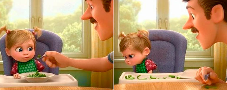 Comparativa de dos imágenes de la película Del Revés. En una, un padre le da de comer a su hija brócoli y en la otra, pimiento. 