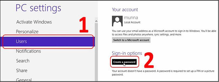 Chọn mục Create a password để tạo mật khẩu