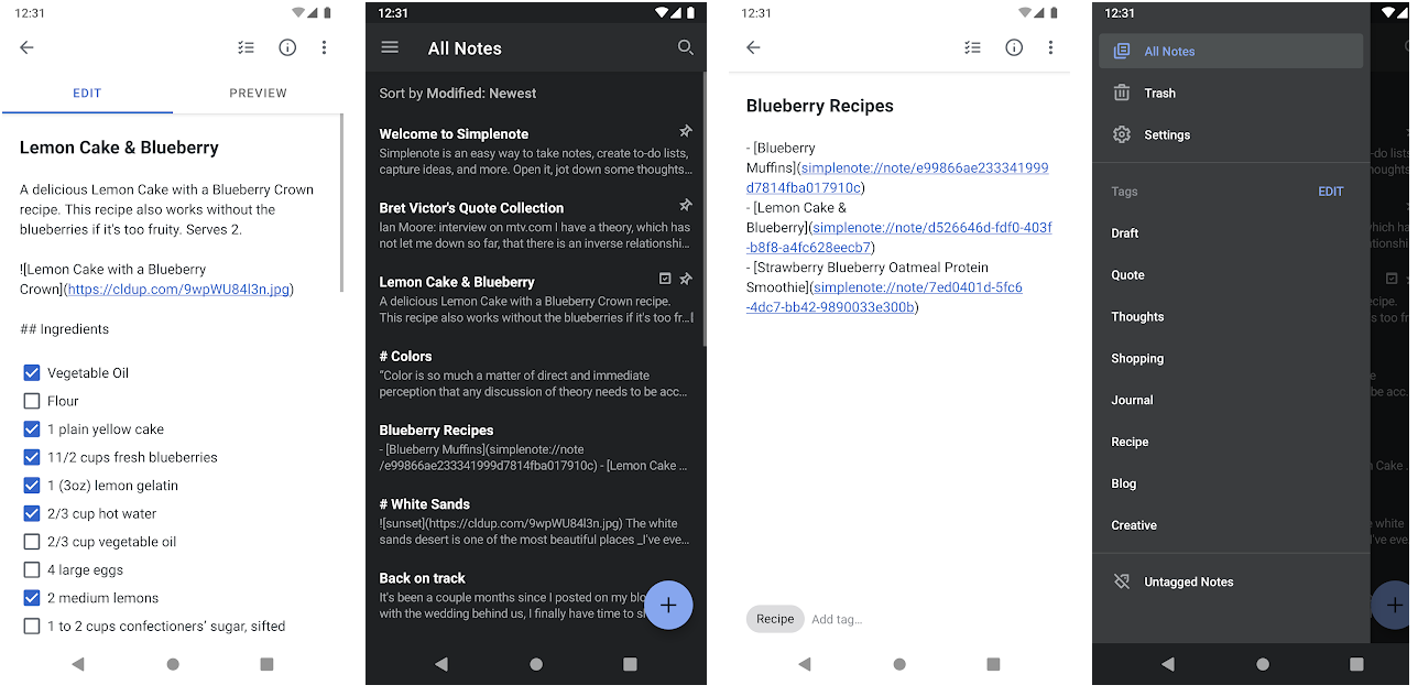 simplenote screenshots from play store