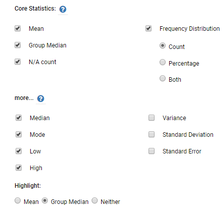 The various options available for which statistical values and calculations to show in a report.