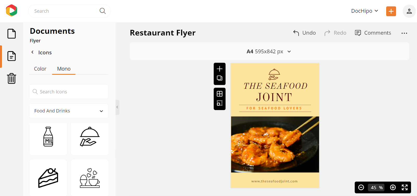 Restaurant Flyer Design after resizing, repositioning, and changing the color of the icon