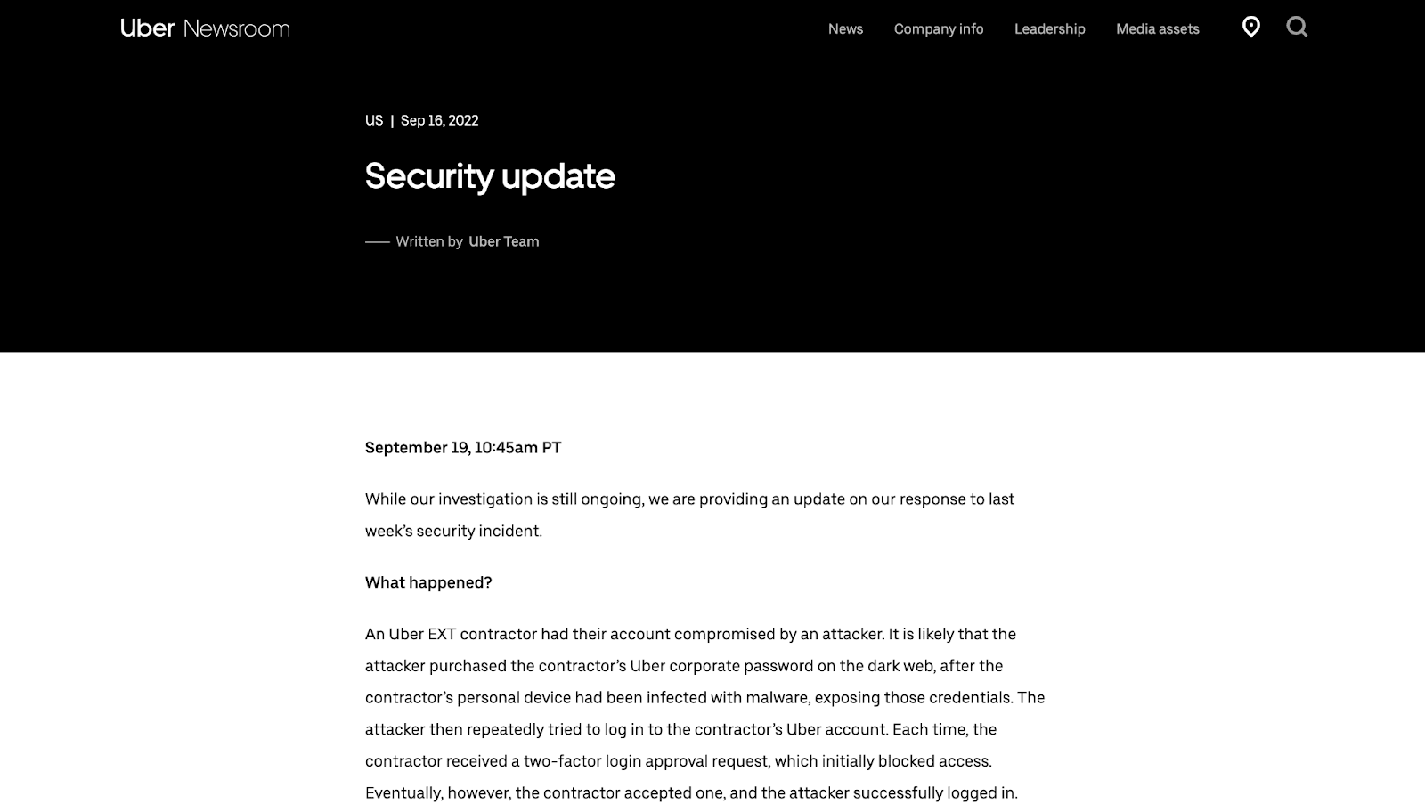Uber's security update on their website following the data breach