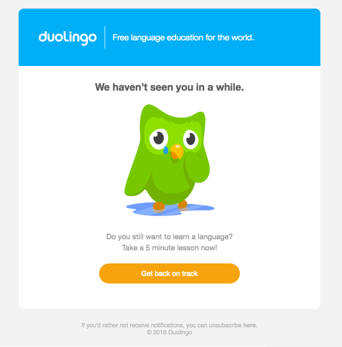 Duolingo "we miss you" email