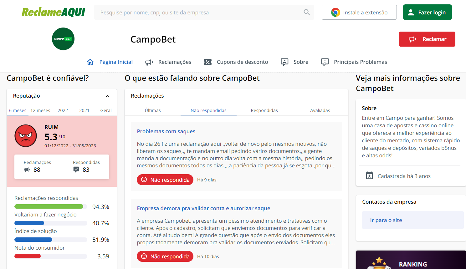 A reputação de Campobet no sítio Web ReclameAQUI