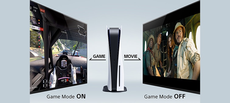 На двух экранах показано включение и выключение авторегулировки режима изображения, между экранами расположена консоль PS5