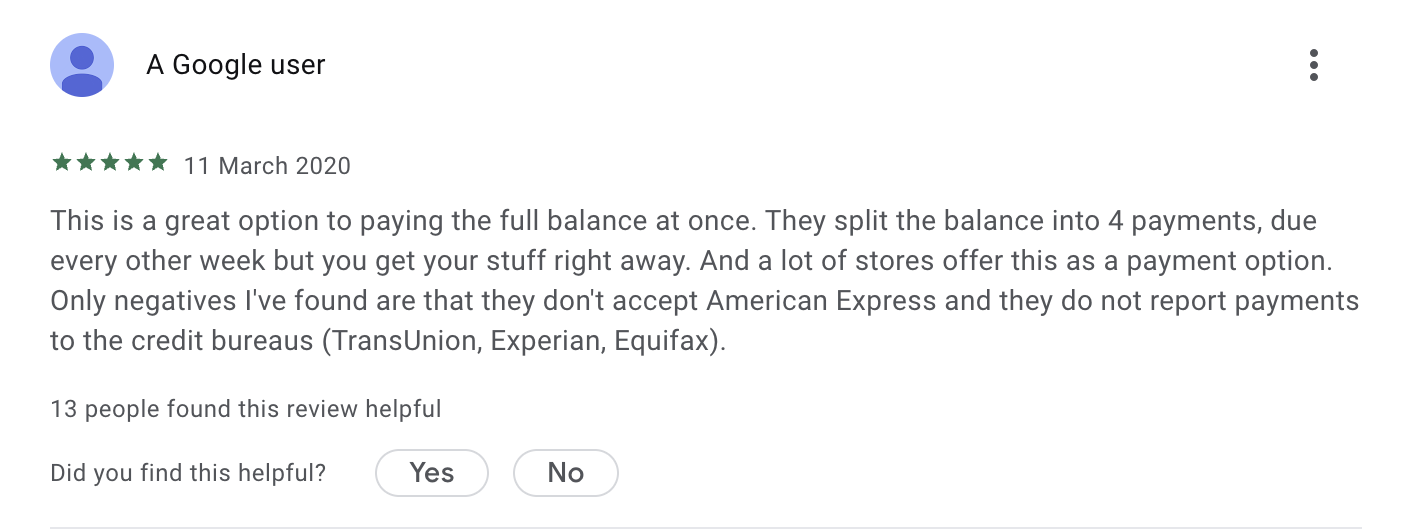 customer Afterpay review explaining that app doesn't accept American Express