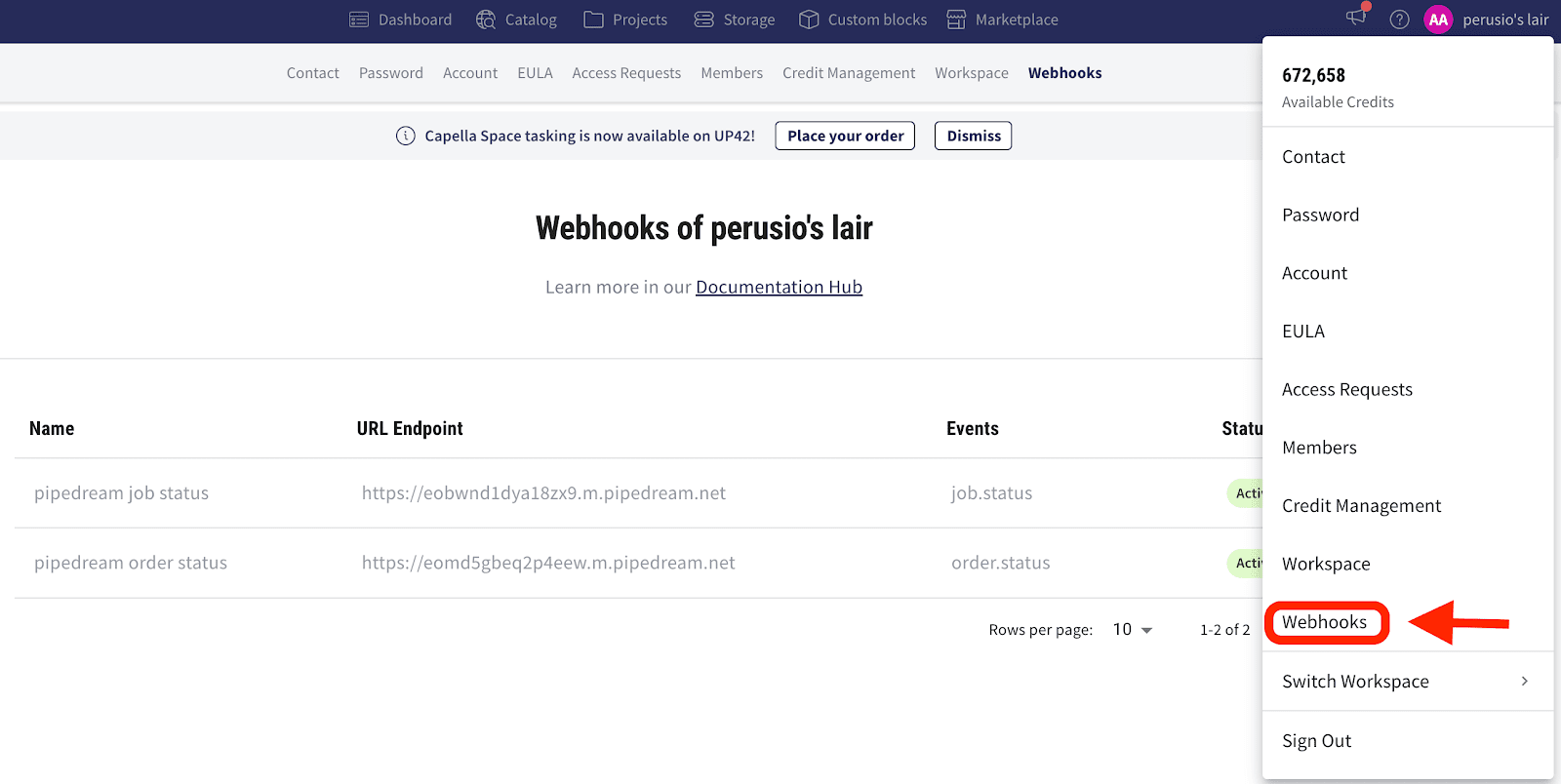 Accessing the webhooks tab in the
console