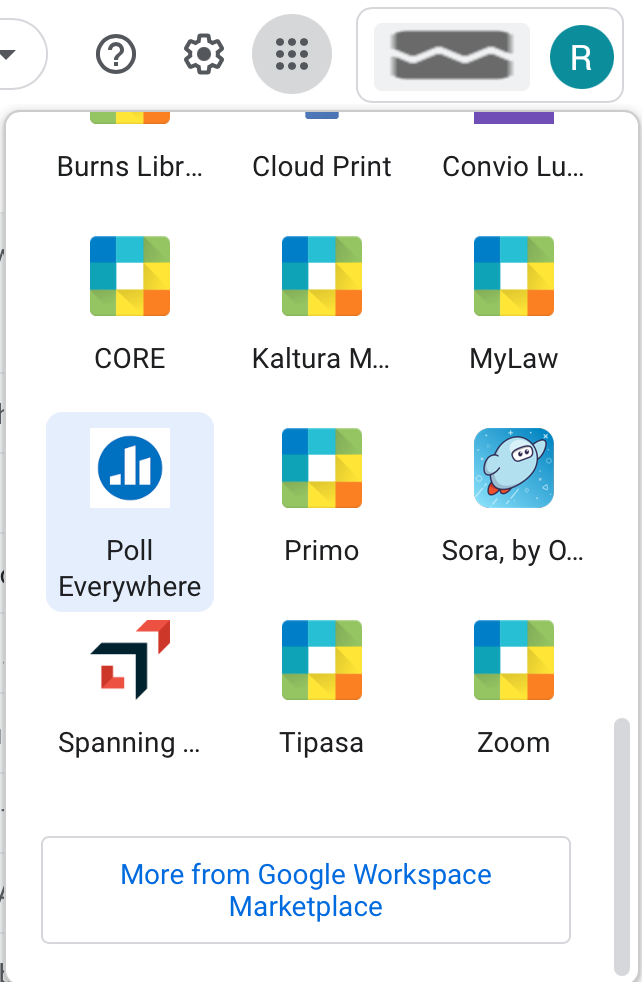 Screenshot of Google 9 dot menu in @law email, scrolled down to show the highlighted poll everywhere app.