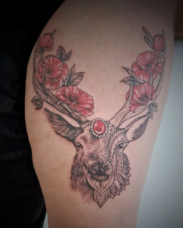 Poppy Flower Stag Tattoo Designs Ideas