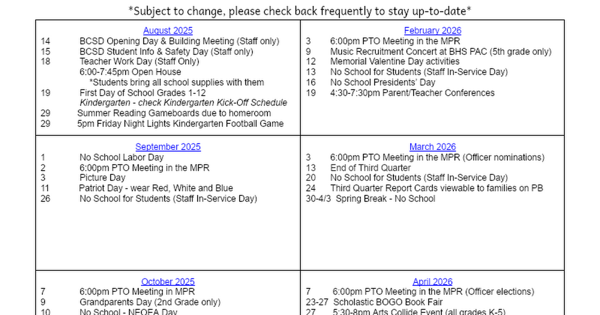 Memorial Elementary 2022-2023 Calendar of Events - Google Docs