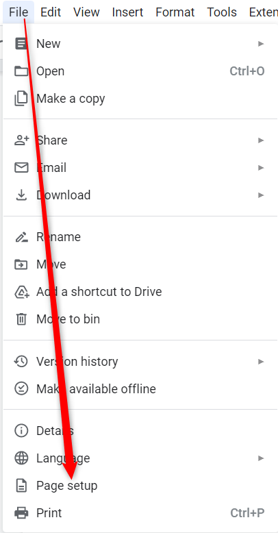 How to find Page setup options.