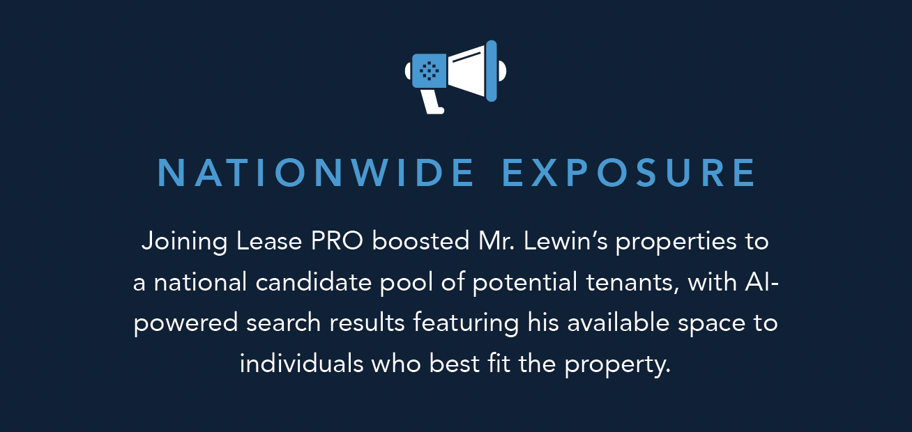 Nationwide Exposure: Joining Lease PRO boosted Mr. Lewin’s properties to a national candidate pool of potential tenants, with AI-powered search results featuring his available space to individuals who best fit the property. 