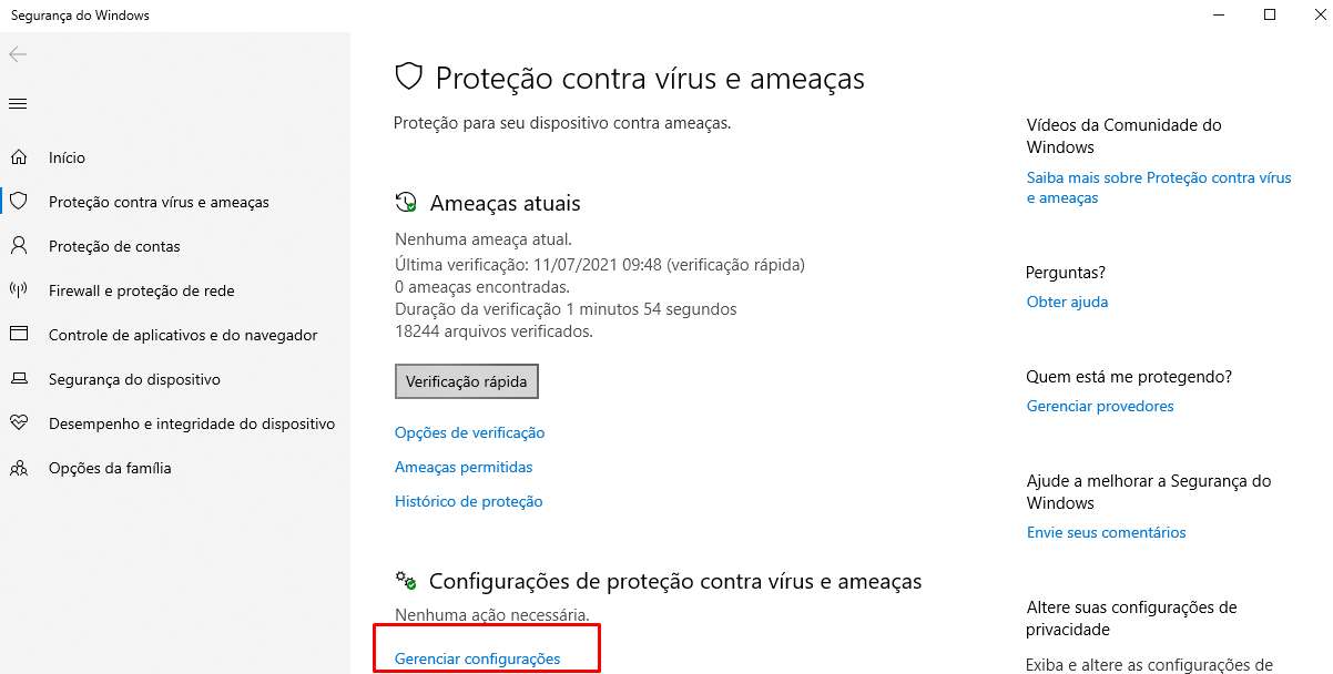 Gerenciar configurações no Antivirus do Google