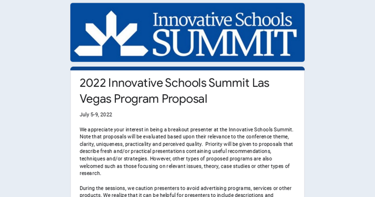 2022 Innovative Schools Summit Las Vegas Program Proposal
