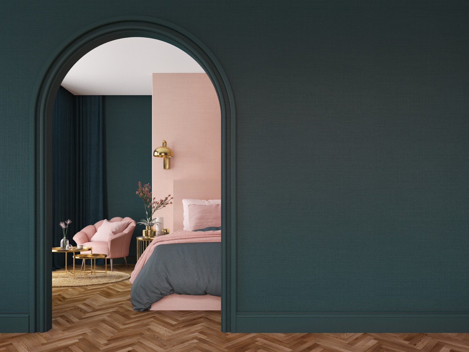 Art Deco arched bedroom entry featuring contrasting wall colors of deep green and pale pink. A scalloped chair in pink and layered bedding of pink and green.