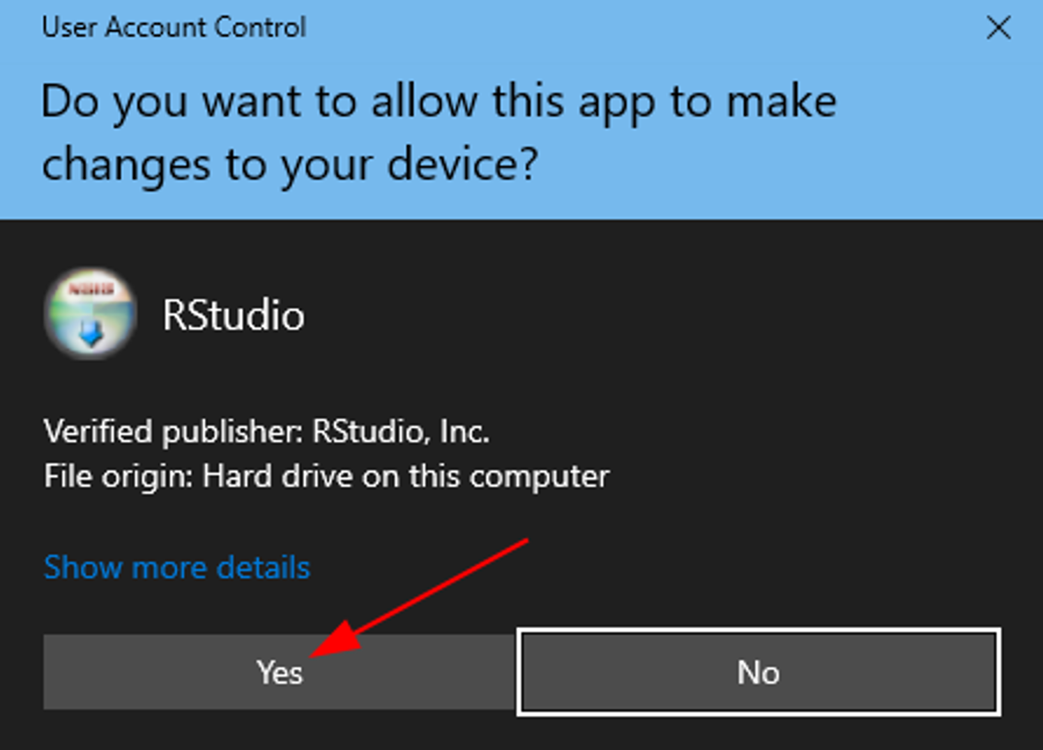 RStudio installer User Account Control. Source: uedufy.com
