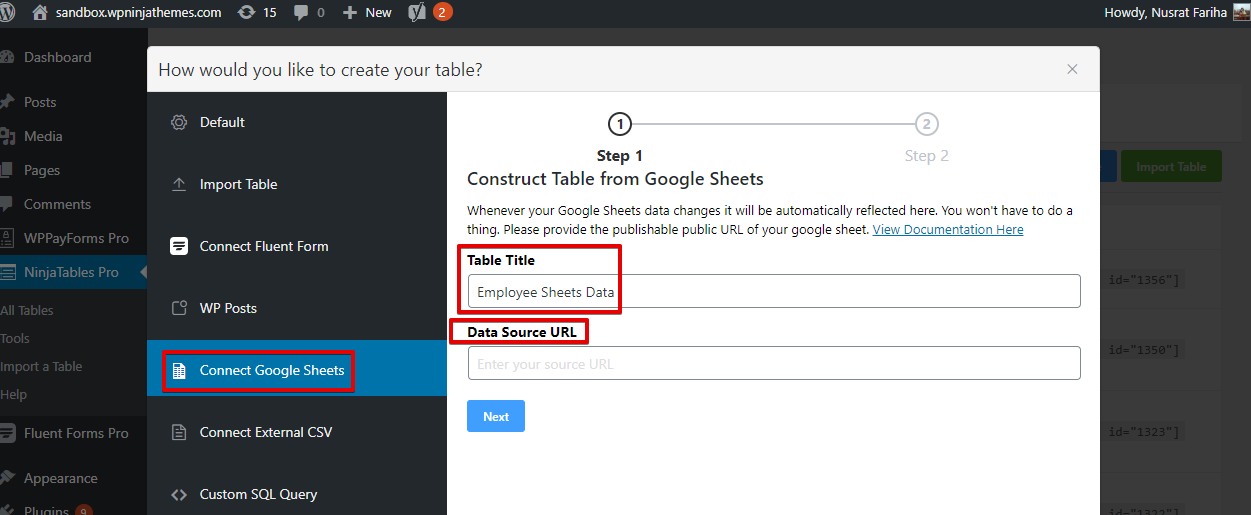 How to use Ninja Tables to embed Google Sheets into WordPress tables