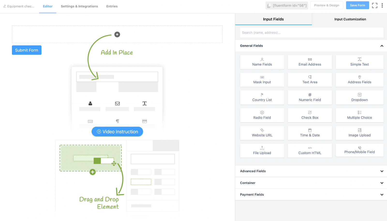 Fluent Forms editor, a form builder's interface