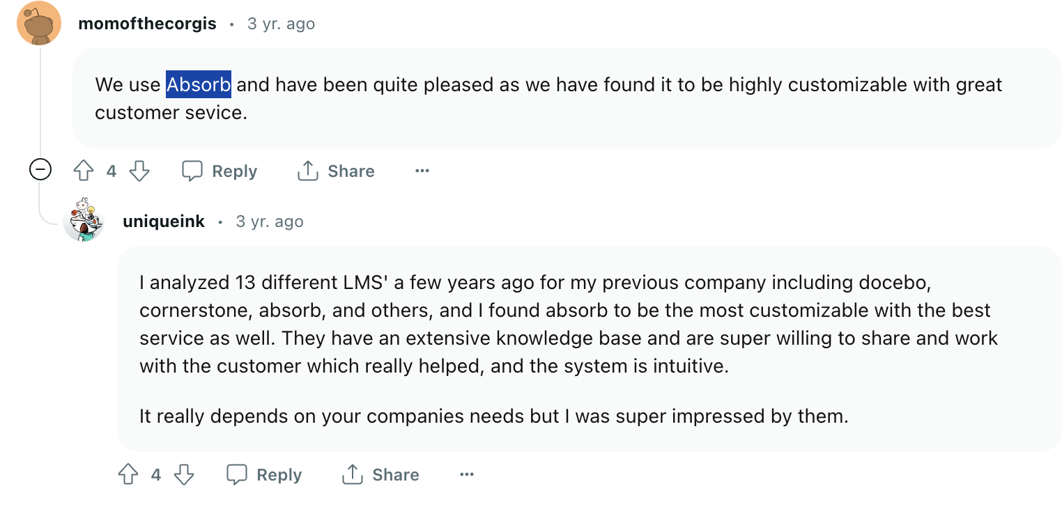 Positive review of Absorb LMS from Reddit users.