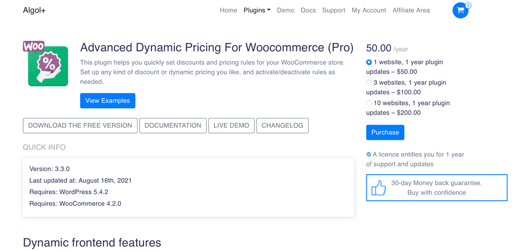 Advanced Dynamic Pricing For Woocommerce (Pro) plugin page.