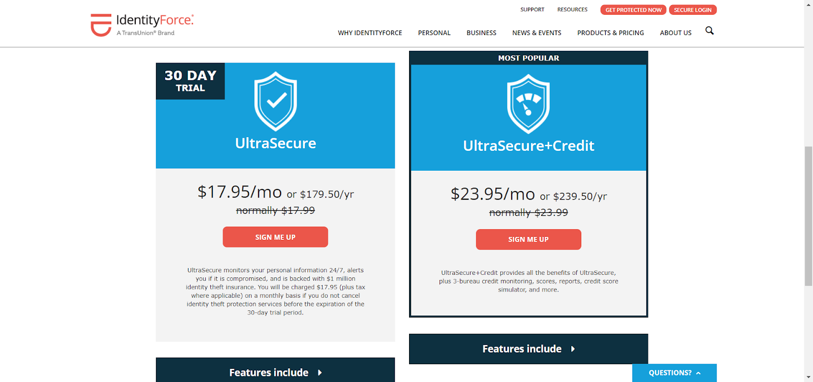 IdentityForce pricing page