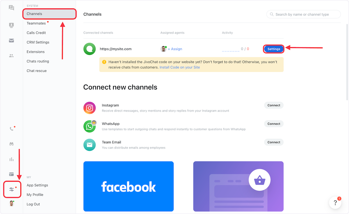 Click Manage > Channels > Settings.