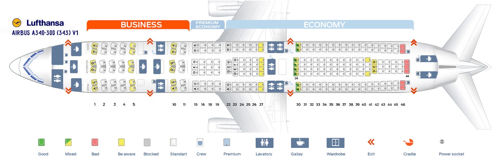 Lufthansa Seat Map (A340-300 Premium Economy Class)