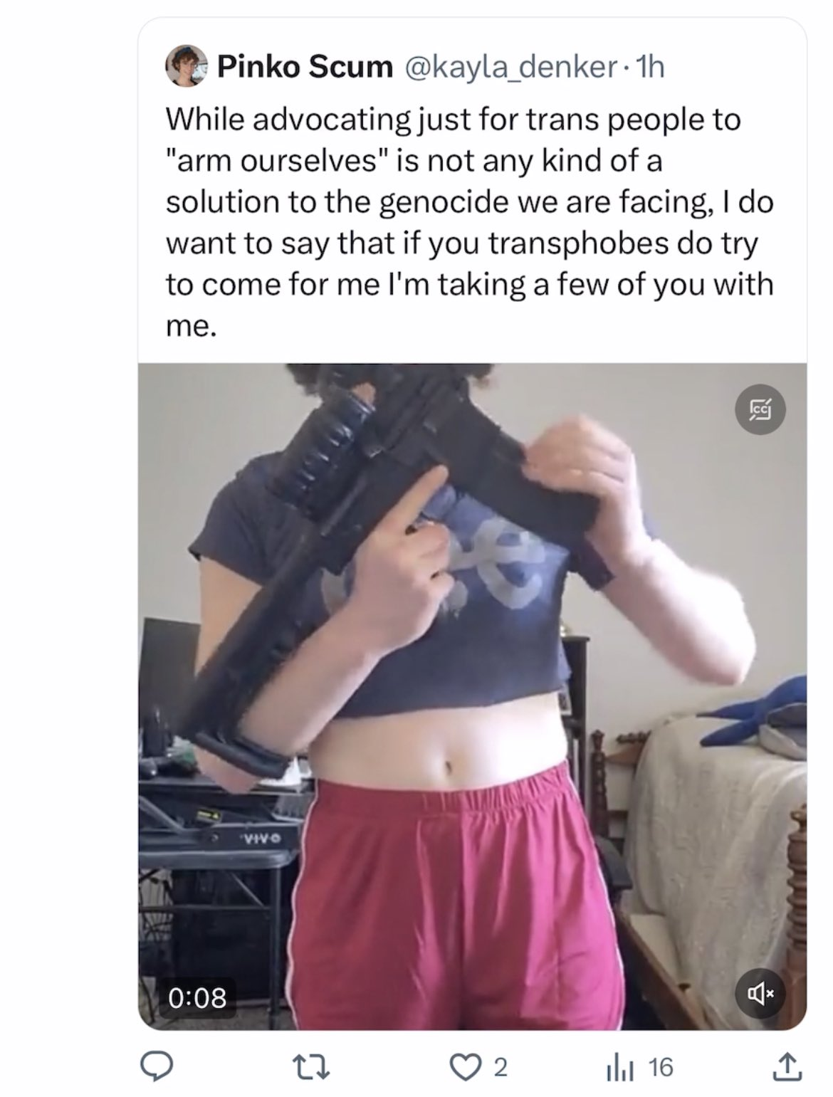 While advocating just for trans people to "arm ourselves" is not any kind of a solution to the genocide we are facing, I do want to say that if you transphobes do try to come for me I'm taking a few of you with me.