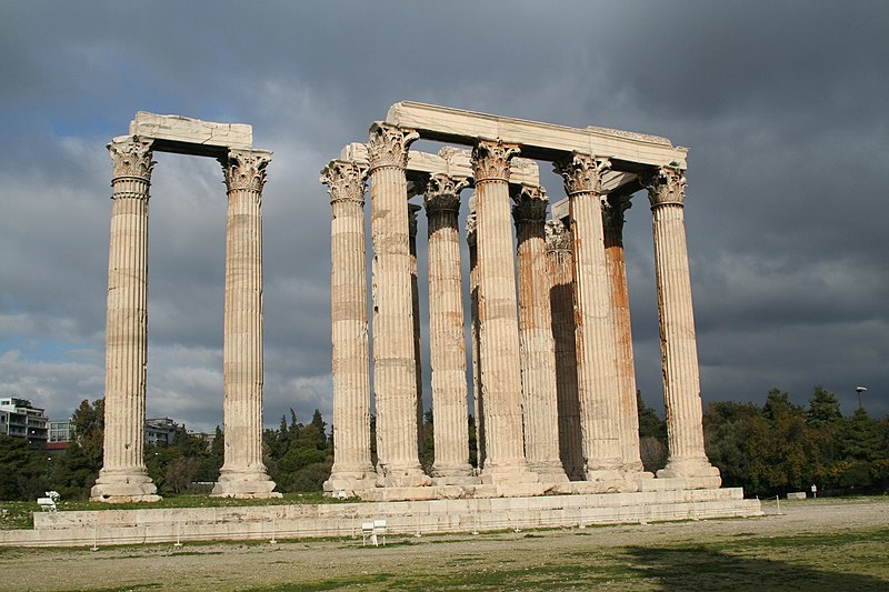 The remaining structure of The Temple of Olympian Zeus at Athens. It had been cloudy all day, and with the clouds gathering to the East, the sun came out from the West to Illuminate the stone.