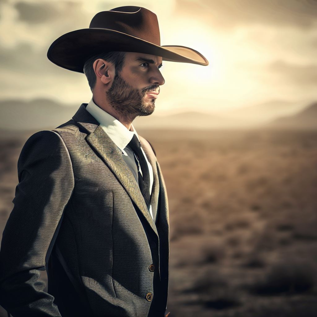 A man dressed in a business suit and cowboy hat walking in a desert. 