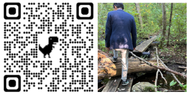 Trail Walk & Talks QR Code and image of Superintendent Chuang walking on a trail.