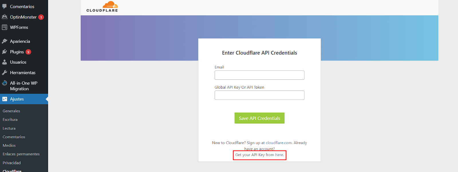 Sección de Cloudflare para obtener la Clave API 