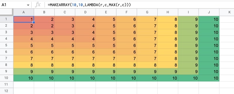 Heatmap이 있는 Google 스프레드시트의 Makearray 함수